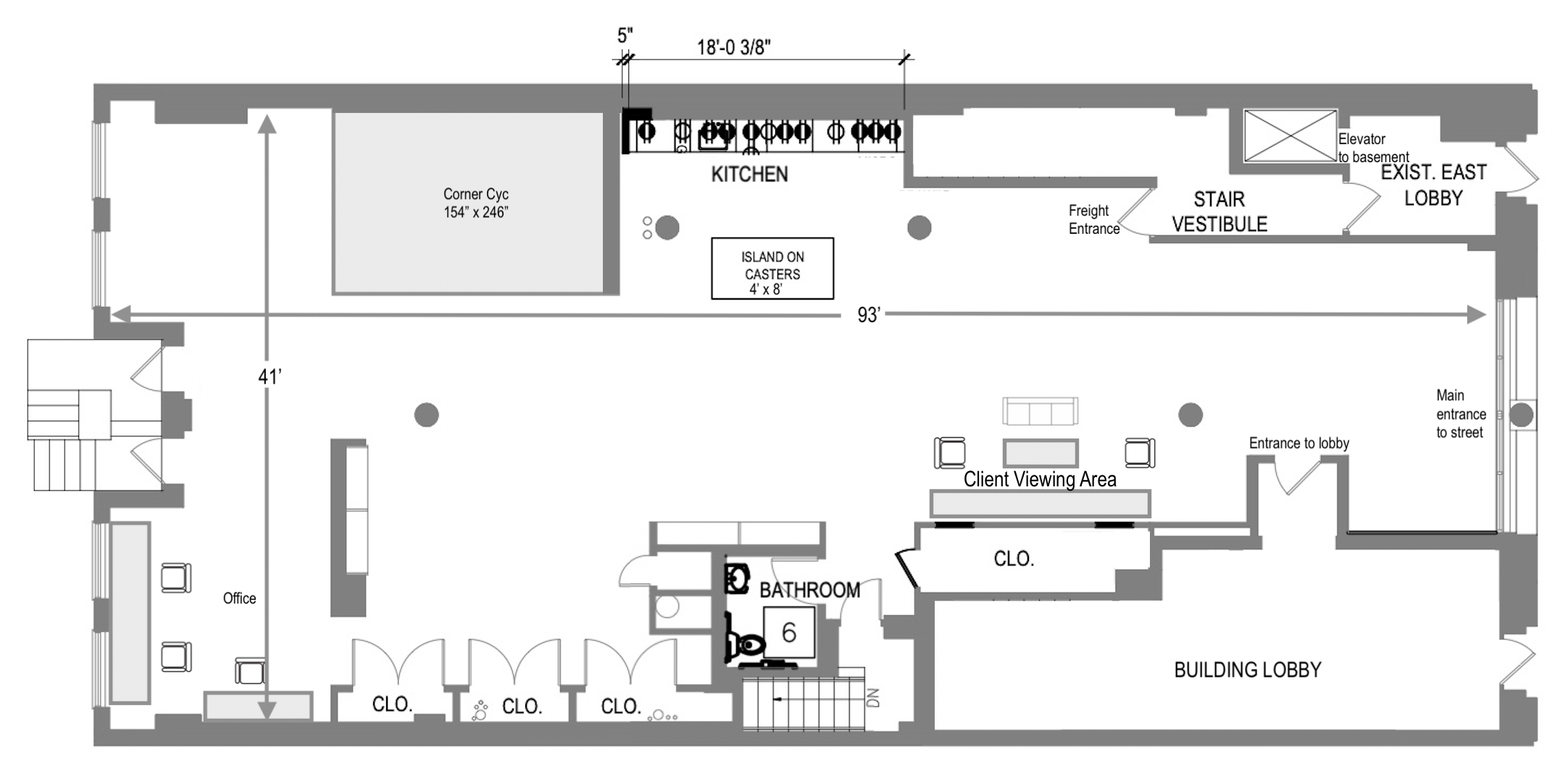 Rambow Studio floor plan: 93 by 41 ft stage with corner cyc, kitchen, client viewing area and office
